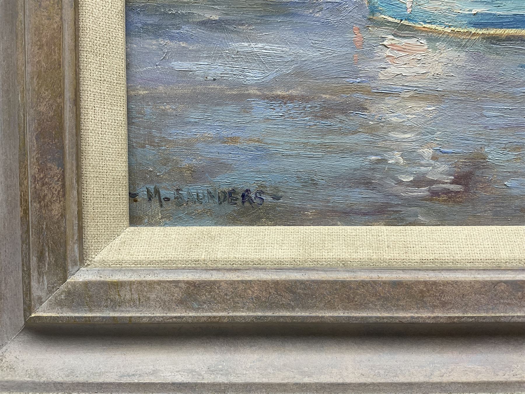 Michelle Saunders (British 1936-): Whitby Quayside Bathed in Sun, oil on board signed 24cm x 34cm 