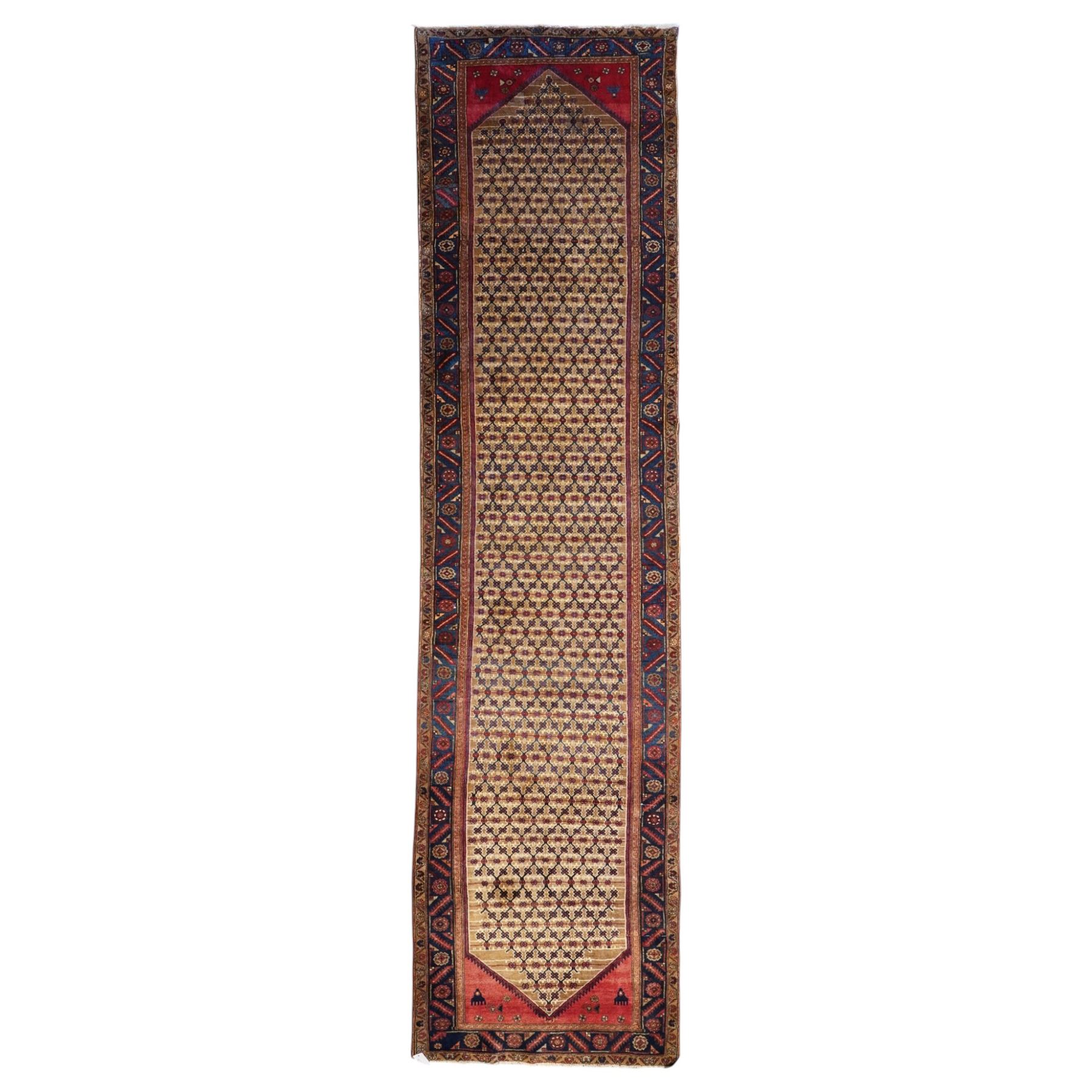 North East Persian Kurdie hand-knotted runner, camel ground with an all-over lattice of rosette motifs linked by angular vines, terminating in a stepped lozenge panel, with a madder red field, spandrels with geometric and zoomorphic devices, indigo main border of angular vines and repeating rosettes, flanked by narrow guard stripes, cotton fringe ends  