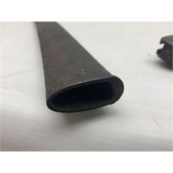 French 1866 pattern sabre bayonet with 57cm fullered steel curving blade dated 1875, in steel scabbard L71cm overall