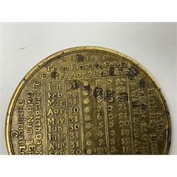18th century brass calendar medal, for 1756, by John Powell, with moonphase calendar to reverse 