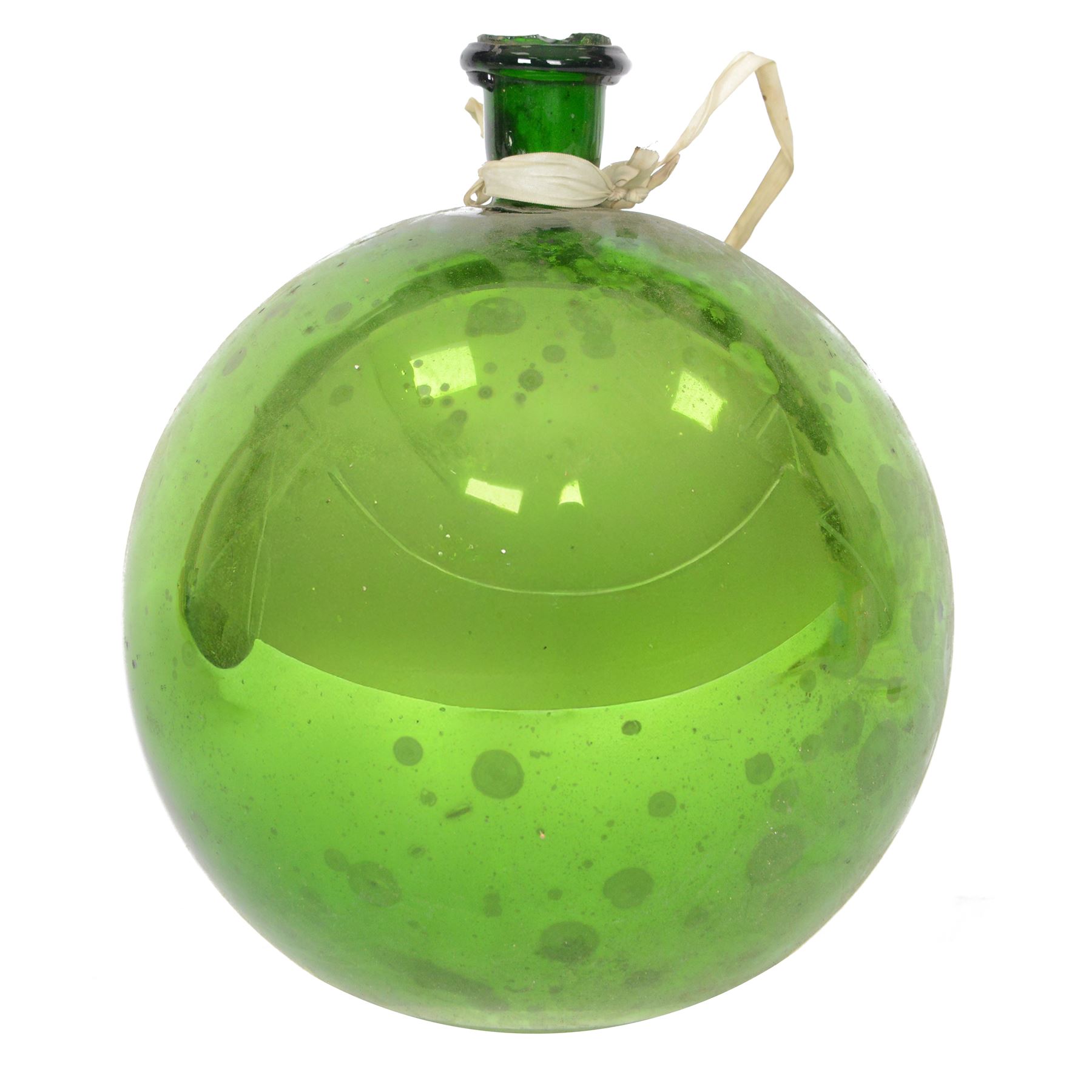 Late 19th century iridescent green glass witches ball with a small bottle neck, D26cm