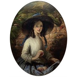 Thomas Musgrove Joy (British 1812-1866): Young Girl with Peaches, oval oil on canvas signed 88cm x 68cm
