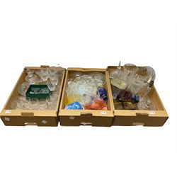 Quantity of glassware to included coloured glass, carnival glass, table lamp etc in three boxes