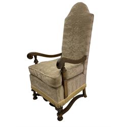 18th century design Continental walnut framed armchair, high shaped back, scroll arms