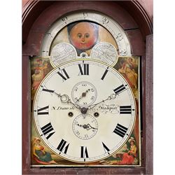 Nathaniel Dumville of Stockport - 8-day brass inlaid mahogany longcase clock c1840, swans neck pediment with ball and spire finials and wooden paterae, recessed break arch hood door flanked by rope twist pilasters, trunk with conforming pilasters and gothic ogee topped door, canted plinth raised on bracket feet, fully painted break arch dial with moon work and spandrels depicting the four seasons, centre with Roman numerals, minute track, subsidiary date and seconds dials, matching stamped brass hands, four pillar movement with an anchor escapement, rack striking on a bell. With weights and pendulum.
The Dumville family were prevalent Cheshire clockmakers working in Stockport 1820-42.

