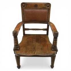 Arts and Crafts oak open armchair with dished seat