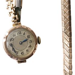 Unicorn 9ct gold manual wind wristwatch, silvered sunburst dial, case by Rolex, Glasgow import mark 1924 and one other 9ct gold manual wind wristwatch, hallmarked, both on gilt straps