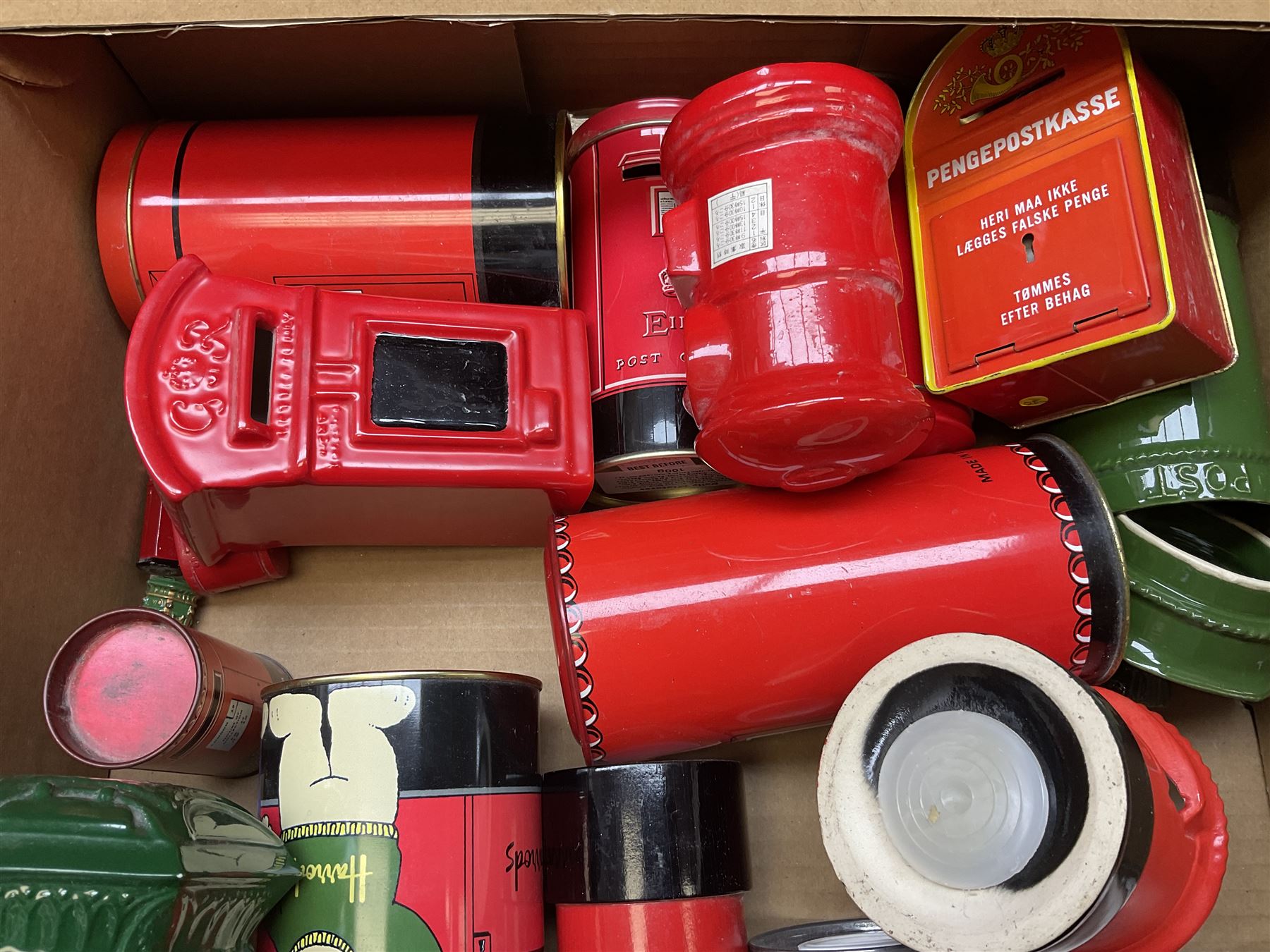 Collection of Post Box money boxes comprising ceramic, tin plate and plastic models, to include Crested Ware money boxes bearing motto ‘I Can’t Get a Letter From You So Send You The Box’ etc in three boxes