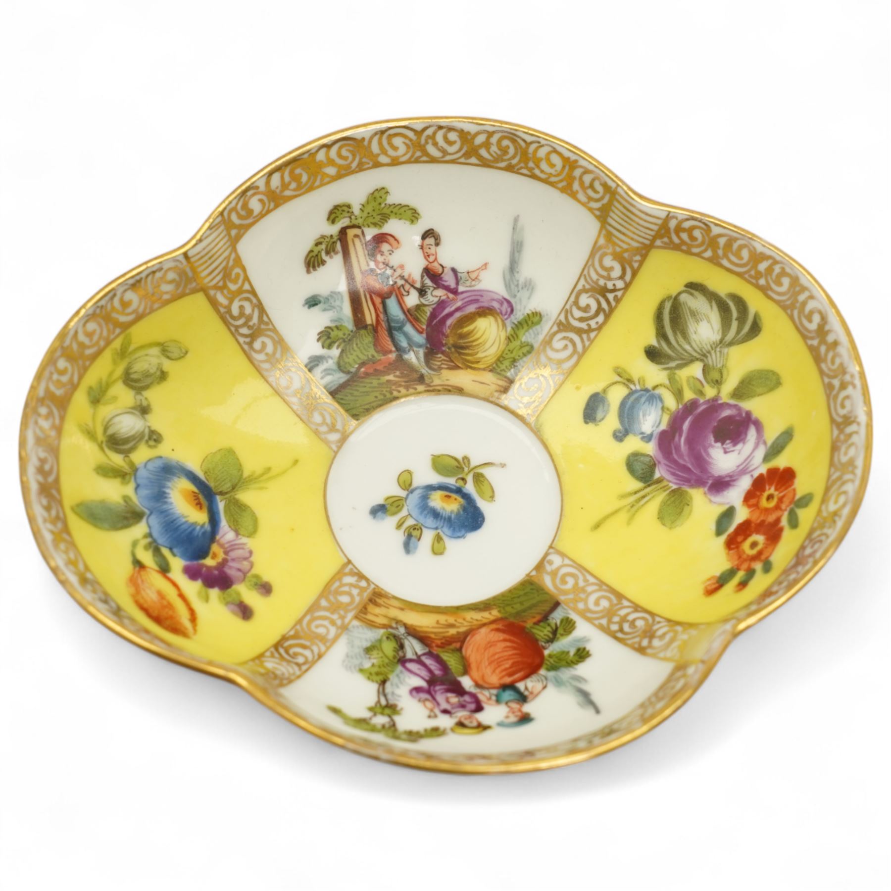 Helena Wolfsohn Dresden porcelain quatrefoil twin handled chocolate cup and stand, painted with panels of courting couples and floral sprays on a yellow ground, together with another Wolfsohn cup and saucer of the same design, and a similar continental vase decorated with shipping and town scenes, all marked to base, chocolate cup H8cm 