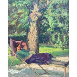 After Christian Adam‏ Landenberger (German 1862-1927): A Lady Lounging on her Chair, oil on board unsigned, indistinctly inscribed verso 34cm x 27cm 