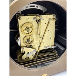 Mid 20th century walnut cased mantel clock by 'Smiths', circular dial with Arabic chapter ring, triple train driven movement with Westminster and Whittington chimes, chiming the quarters and striking the hours on rods, silent chime and West Whitt levers