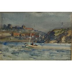 Joseph Richard Bagshawe (Staithes Group 1870-1909): Fishing Coble off Whitby with the Abbey in the distance, watercolour signed 16cm x 23.5cm
Provenance: acquired direct from the trustees of the Bagshawe Estate when the final part of the artist's studio collection was dispersed in Whitby in the 1990s, never previously been on the open market 
