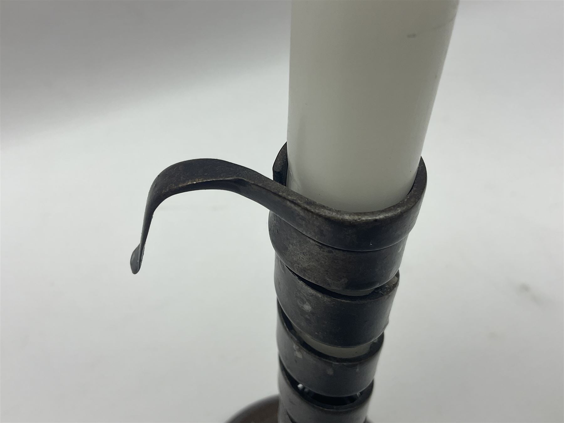 18th century spiral rat de cave candlestick on domed wooden base, H20cm