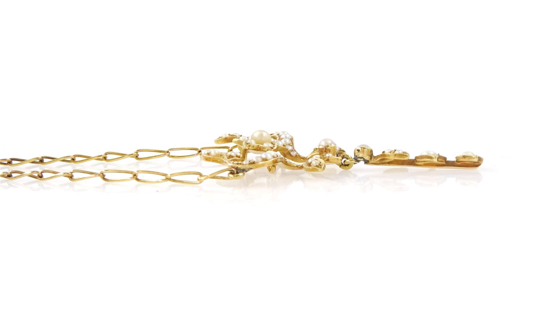 Edwardian gold split pearl pendant necklace, openwork floral pendant set with split pearls on a fancy link chain necklace
