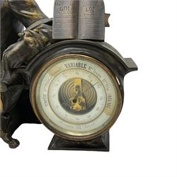 A late 19th century French aneroid barometer housed in a spelter case in the form of a reclining lady, with a two-part dial and rack driven steel indicating hand, brass recording hand with weather predictions.  

