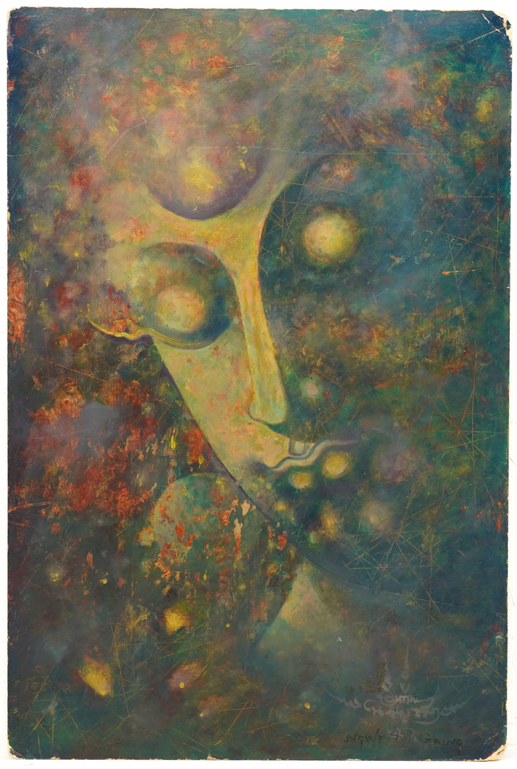 Ngwe Gaing (Burmese 1901-1967): Buddha, oil on board signed and dated '47, 60cm x 40cm
Notes: Painted in 1947, during a period of political unrest preceding Burma’s independence in January 1948. Ngwe Gaing was one of Burma’s leading 20th-century painters. He served as Court Painter to the descendants of the last Burmese king and played a key role in shaping modern Burmese art through both his work and teaching.