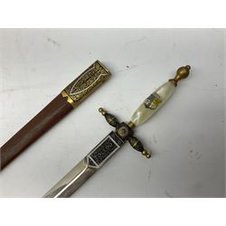 Malayan Kris dagger, the 31.5cm double edged straight heavy damascus blade with copper ferrule; carved hardwood grip; in large wooden throated scabbard with floral decorated white metal covering L47.5cm overall; a kris blade with adapted antler grip; and five various small daggers/letter openers (7)