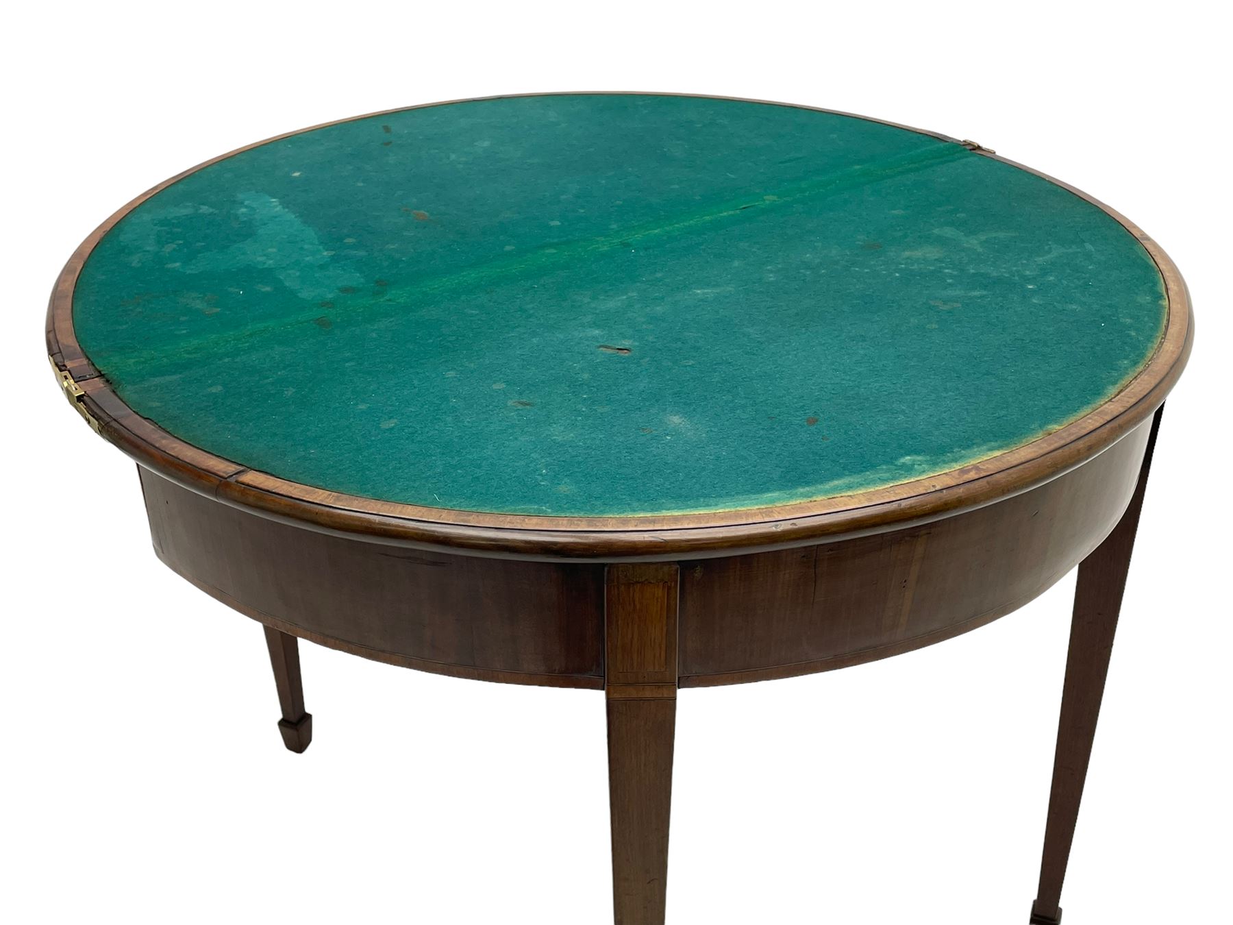 George III inlaid mahogany card table, demi-lune fold-over top with satinwood band and large fan motif, baize lined interior, double gate-leg action base, on square tapering supports with spade feet