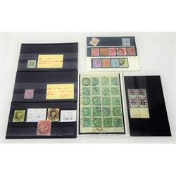  Collection of Queen Victoria stamps including mint 1/- green SG211, mint 6d mauve plate 9 SG109, 5/- red, embossed issues 1/- green, 6d lilac, 2 1/2d mauve and 2 1/2d blue 'specimen' overprints, used 1/- green part sheet reconstruction, overprints and other Queen Victoria stamps, in stockcards  