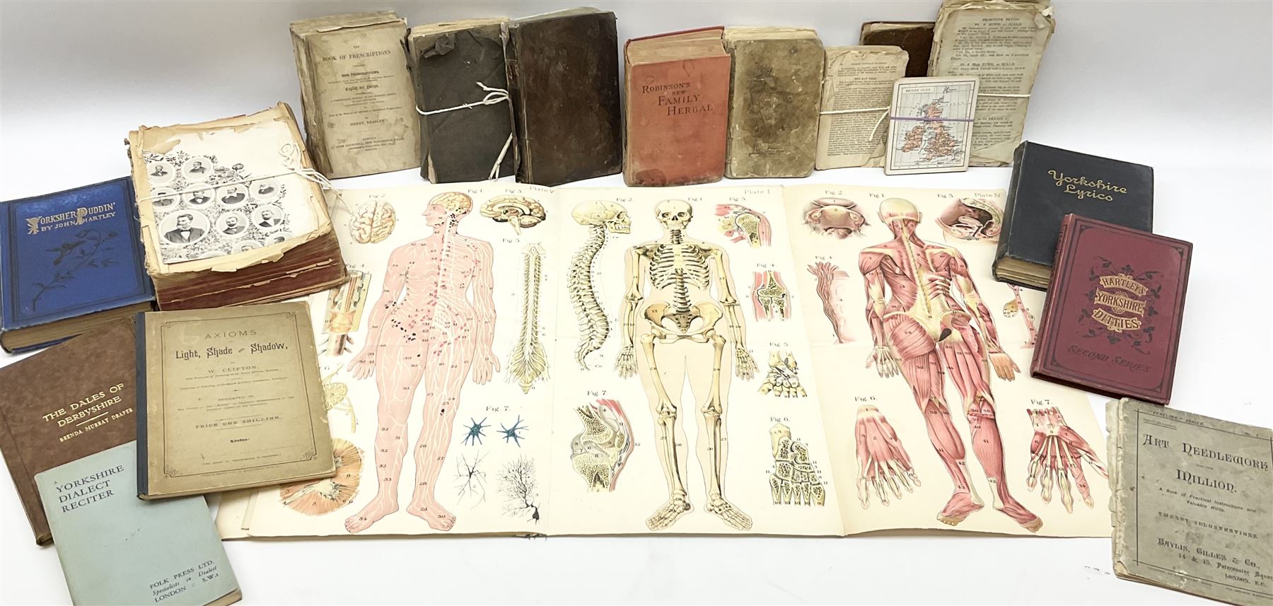 Bailliere's Popular Atlas of the Anatomy and Physiology of the Female Human Body, together with disbound medical books and works of Yorkshire interest, to include Beasley: The Book of Prescriptions, Beasley: Druggist's Receipt Book, Robinson's New Family Herbal, Hartley: Yorkshire Puddin', etc 