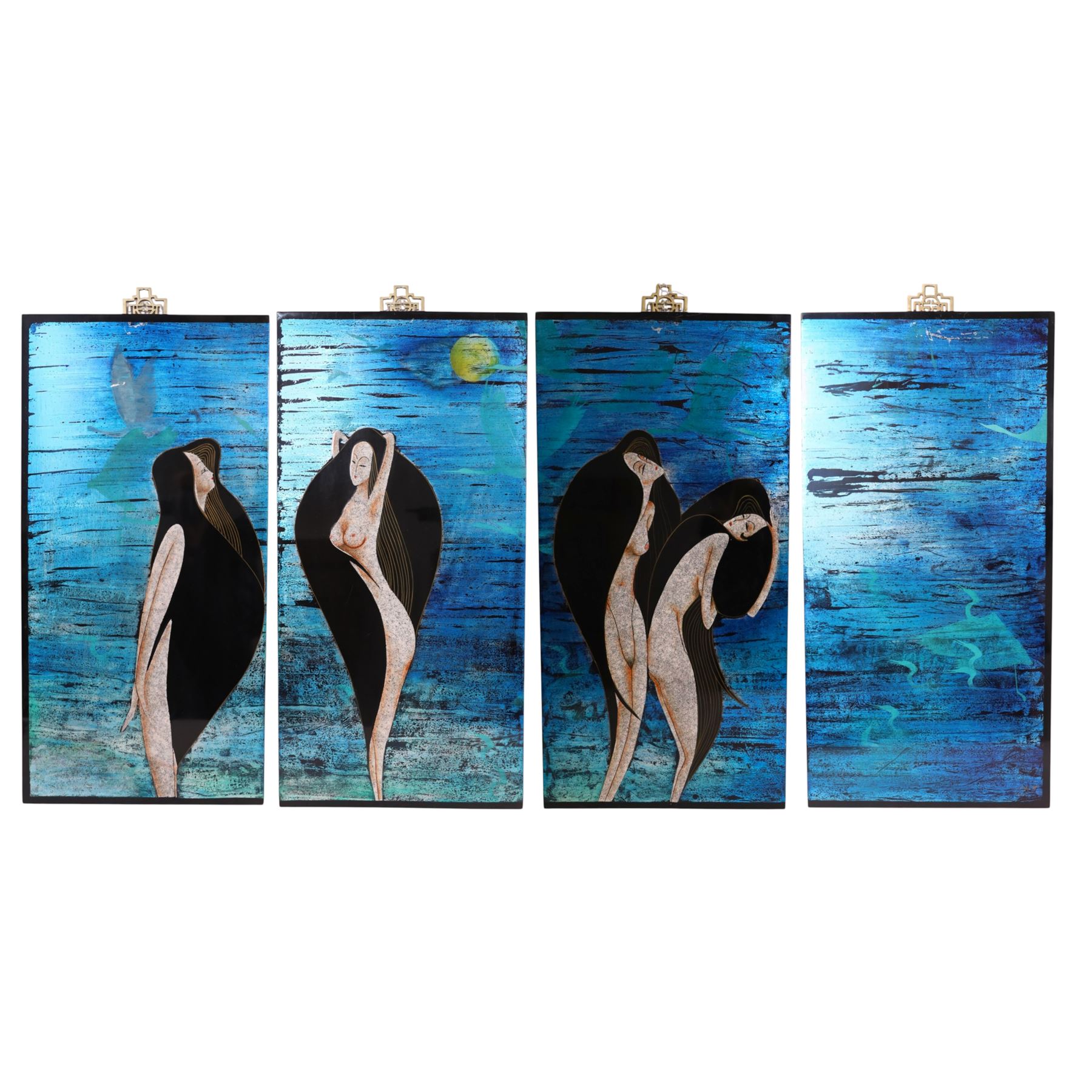 Set of four Vietnamese lacquered panels, depicting four females bathing in a  river across the four panels, one indistinctly signed H85cm