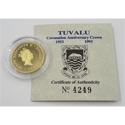 Queen Elizabeth II 1993 Tuvalu 'Coronation Anniversary of Queen Elizabeth II' gold proof one hundred dollar coin, struck in 14 carat gold, cased with certificate, number 4249