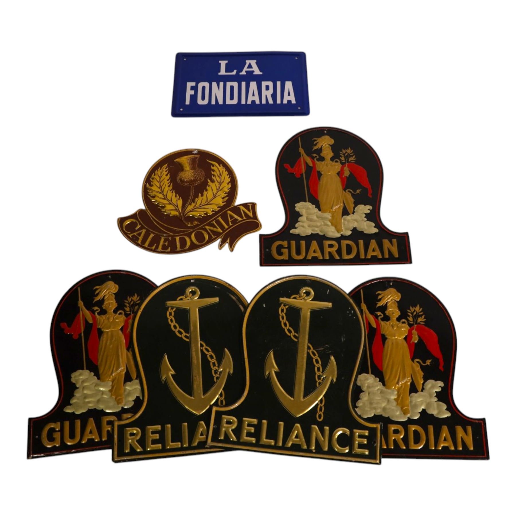 Group of eight fire insurance marks, comprising four Guardian Assurance Company, two Reliance Insurance Company, one Caledonian Insurance Company and one French La Fondiaria, Guardian example H23cm