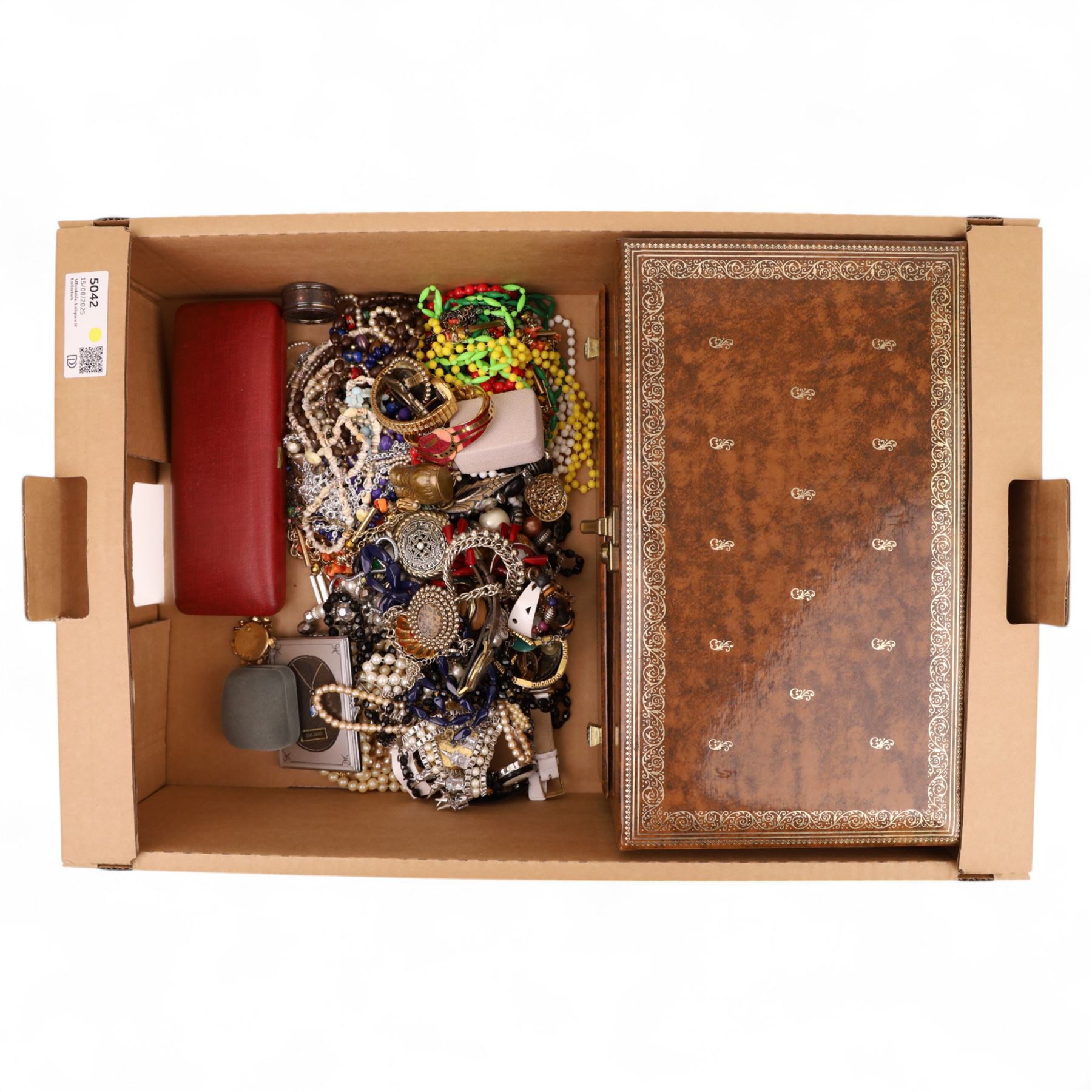 Silver jewellery, including brooch and earrings, together with a large collection of costume jewellery, including beaded necklaces, brooches, earrings, etc with leatherette jewellery box