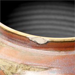 Large Crowan Pottery bread crock, H30cm; together with a studio pottery oval shallow dish, D52cm, and an Alan Caiger-Smith bowl, D42cm, variously marked and inscribed (3)