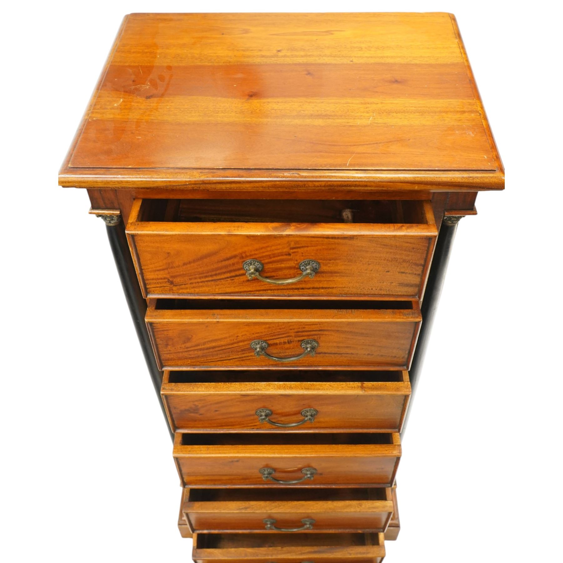Neoclassical design cherry wood tall pedestal chest, fitted with seven drawers with swan neck handles, flanked by ebonised pilasters with composite capitals, fielded panelled sides on bracket feet