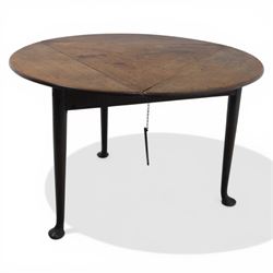 18th century oak folding cricket table, triangular top with three hinged demi-lune leaves, raised on tapering supports with pad feet