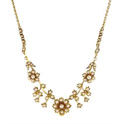 Edwardian 15ct gold split pearl flower and foliate necklace
