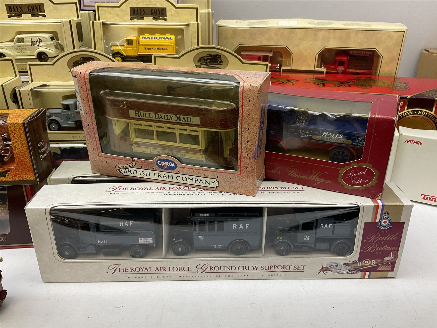 Various makers - forty-five modern die-cast models by Matchbox MOY, Days Gone, Lledo, Corgi etc including single models and sets, 1977 Silver Jubilee State Landau, commercial and promotional vehicles, passenger coach and horses, RAF etc; all boxed (45)