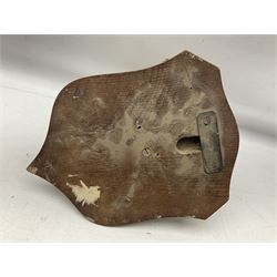 Taxidermy; Red Fox Mask (Vulpes vulpes) by Peter Spicer & Sons, Leamington, head turned to the left in snarling pose on oak shield with plaque 'Old Pumping Station Goathland March 31st 1933'