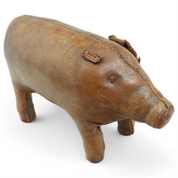 Dimitri Omersa (1927-1975) for Liberty's of London, two mid-20th century brown leather footstools, in the form of a pig and piglet, larger pig bearing Liberty stamp beneath ear, pig W86cm, piglet W49cm