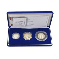 The Royal Mint United Kingdom 2003 and 2004 silver proof piedfort three coin collections, both cased with certificates