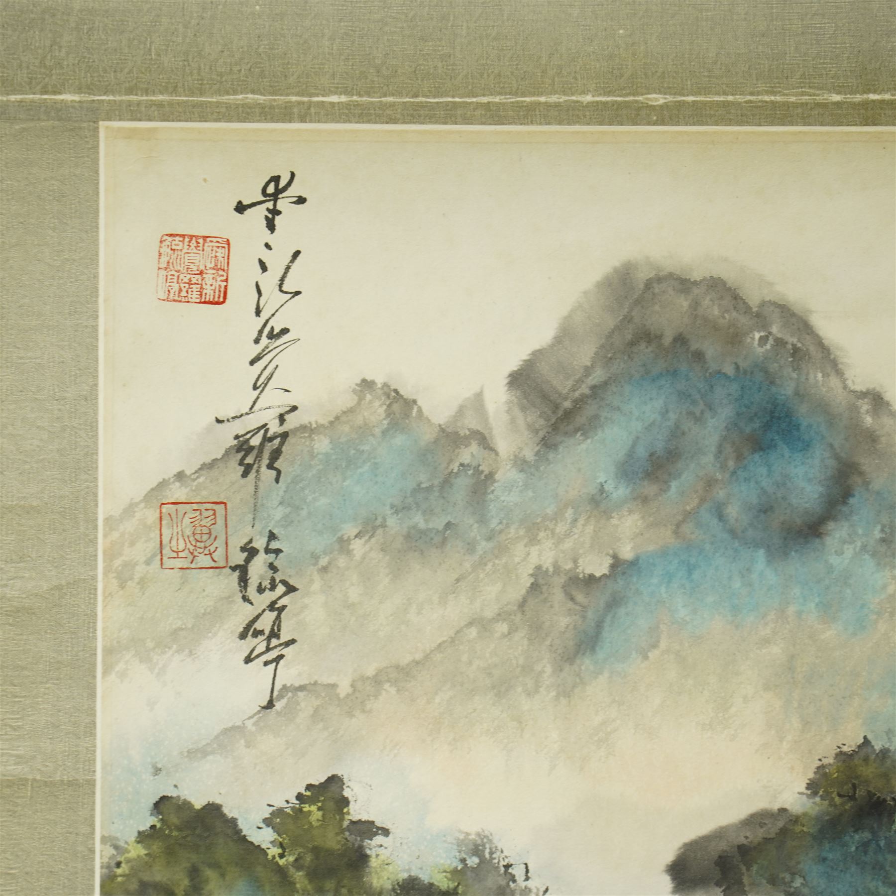 Circle of Aixinjueluo Yuting (Chinese 1952-): Waterfall Landscape and Mountainous Waterfall Landscape with Pagoda, pair watercolours on scroll backing indistinctly signed with artist's seals 89cm x 44cm (2)