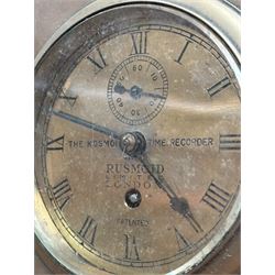 Kosmoid Time recorder, early 20th century, model 'c' table time recorder by Rusmoid Ltd, London, brass dial with subsidiary seconds hand, single fusee movement, in an oak and brass case. W22cm, H13cm, D26cm. - COLLECTION BY APPOINTMENT FROM: The White House, Thirsk Road, Easingwold, York, YO61 3NF - CALL 01723 507111 TO ARRANGE
