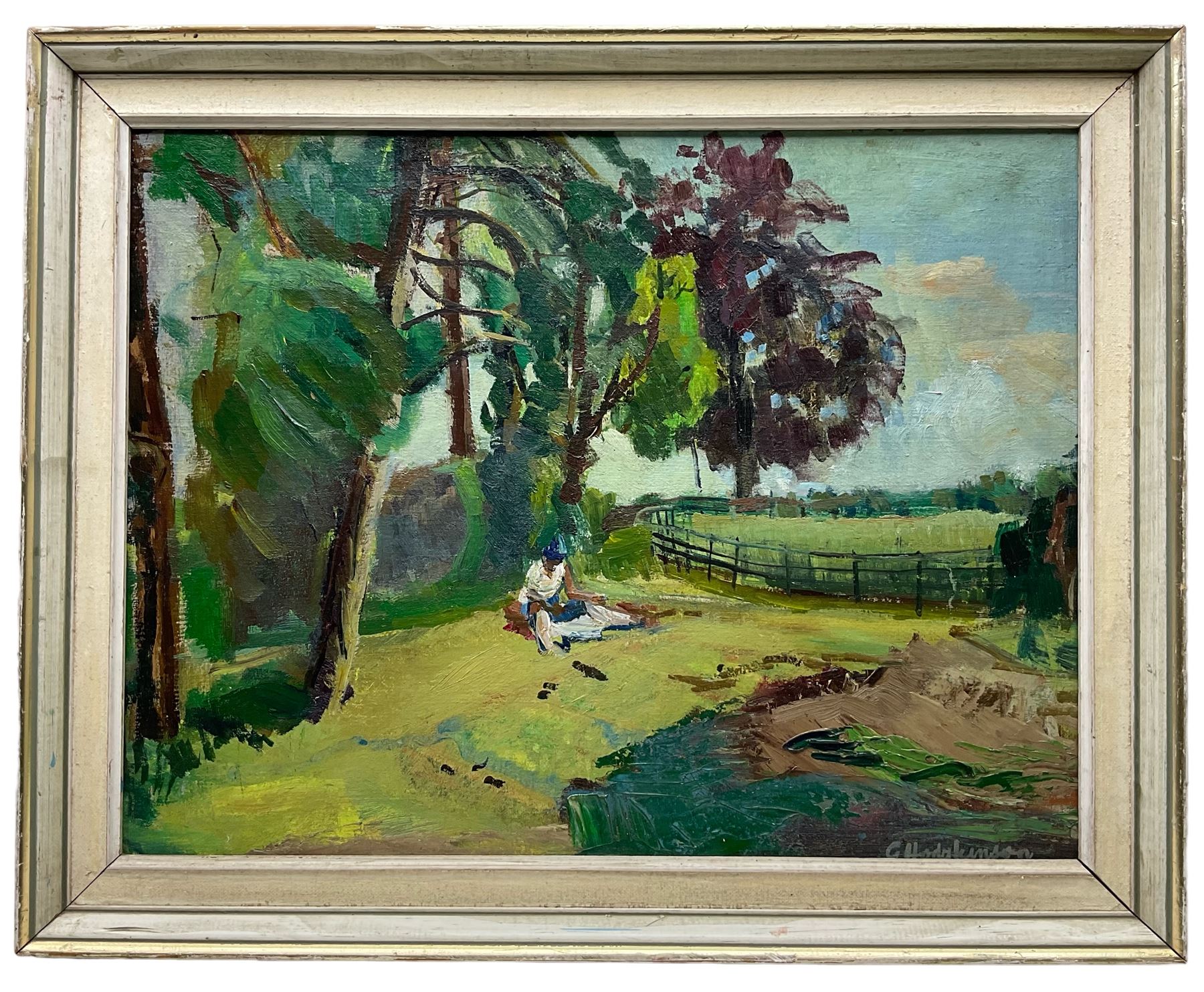 George Hodgkinson (British 1914-1997): 'Cheetham Park Stalybridge', oil on board signed 37cm x 48cm
Notes: Hodgkinson was a representational artist and draughtsman, member of the Manchester Academy of Fine Arts and Stockport Artists Guild. A prolific artist continuing to paint until his death, despite dementia, he left 800 works. There was a retrospective exhibition at the Astley Cheetham Art Gallery in 1998