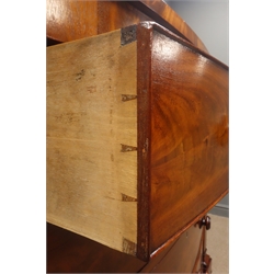  Victorian figured mahogany bow front chest, a frieze, two short and three drawers, with turned rosewood handles, enclosed by tapering pilasters, on bun feet, with key, W120cm, H117cm, D55cm  