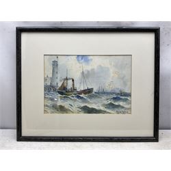 Austin Smith (British early 20th century): Steam Trawler off Scarborough Lighthouse, watercolour signed and dated 1901, 24cm x 35cm
