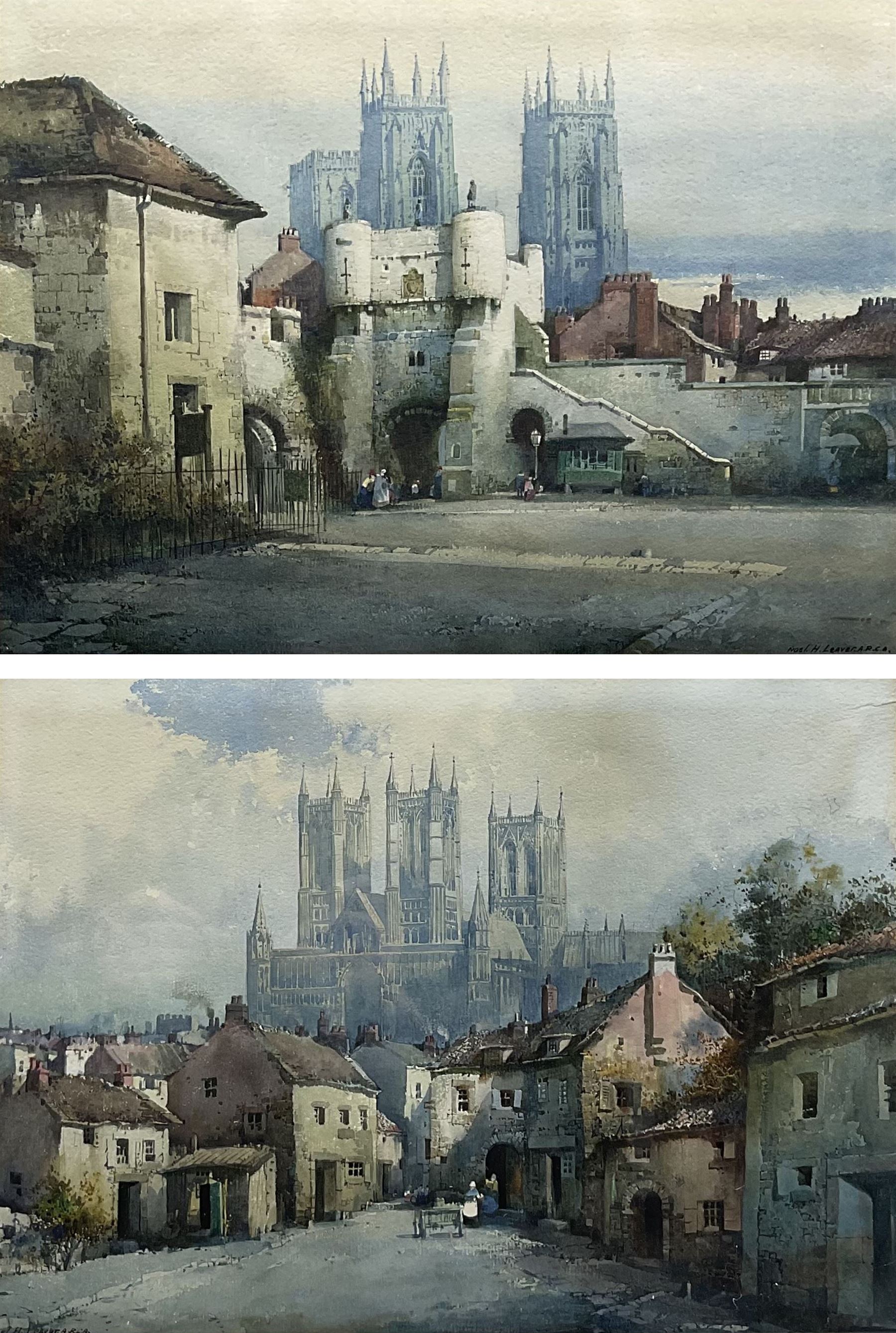 Noel Harry Leaver (British 1889-1951): York Minster from Bootham Bar and Lincoln Cathedral, pair watercolours signed 27cm x 37cm (2)