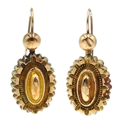  Pair of Victorian gold pendant earrings stamped 9c and 9ct rose gold shield signet ring, Chester 1918   