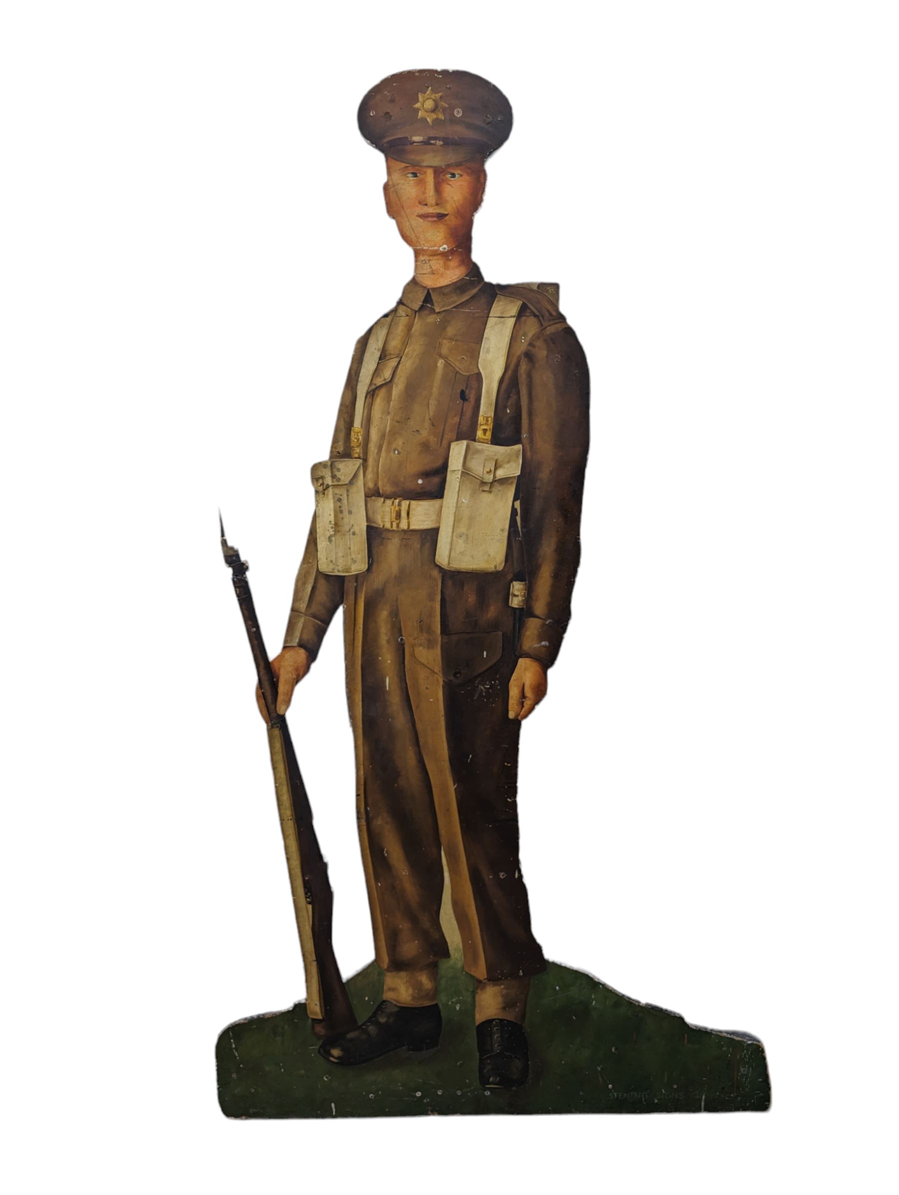 Military Outfitters hand painted life size wooden cut out figure of a WW1 soldier standing at ease holding a gun by his side, marked Stening Signs; hardboard on planked frame H199cm