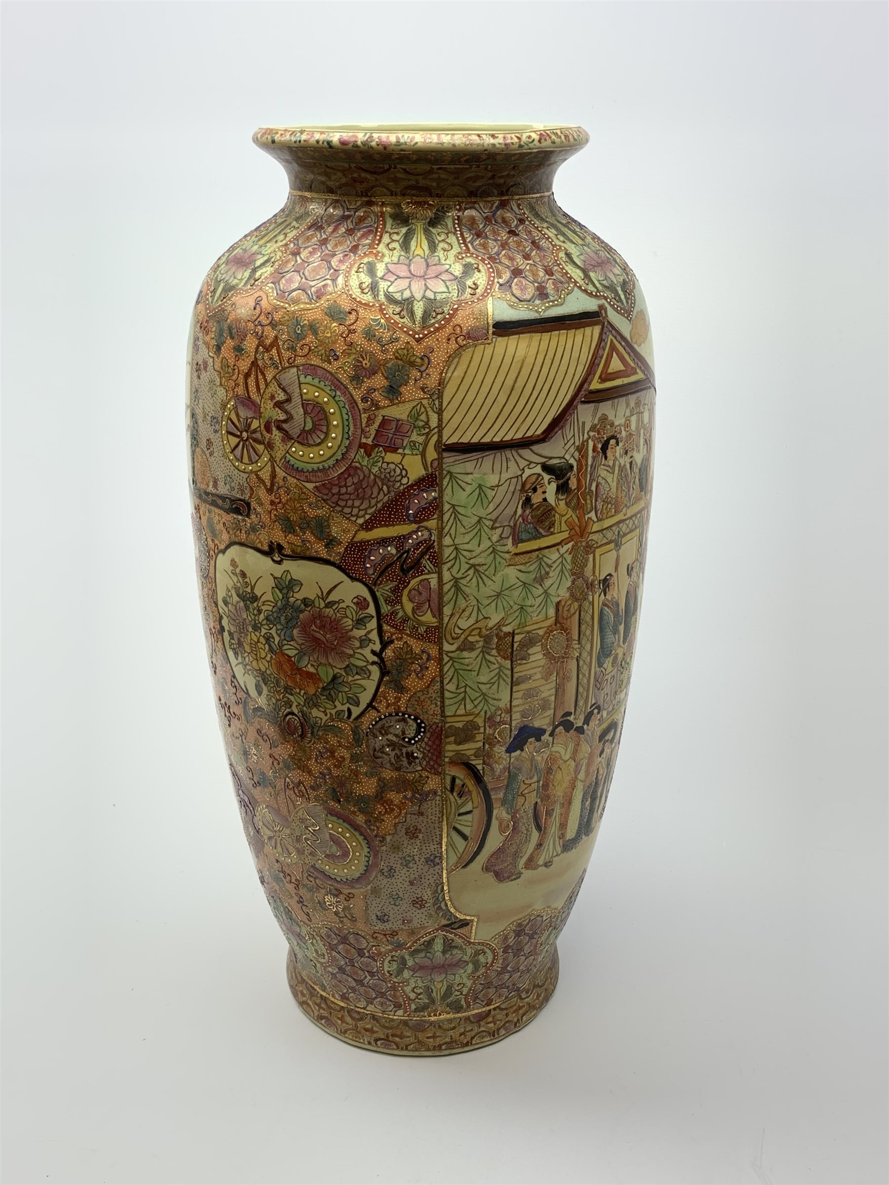 A large Chinese floor standing vase, of slender ovoid form, decorated with two shaped panels containing a figural scene, with profusely detailed surround, with mark beneath, H62cm. 