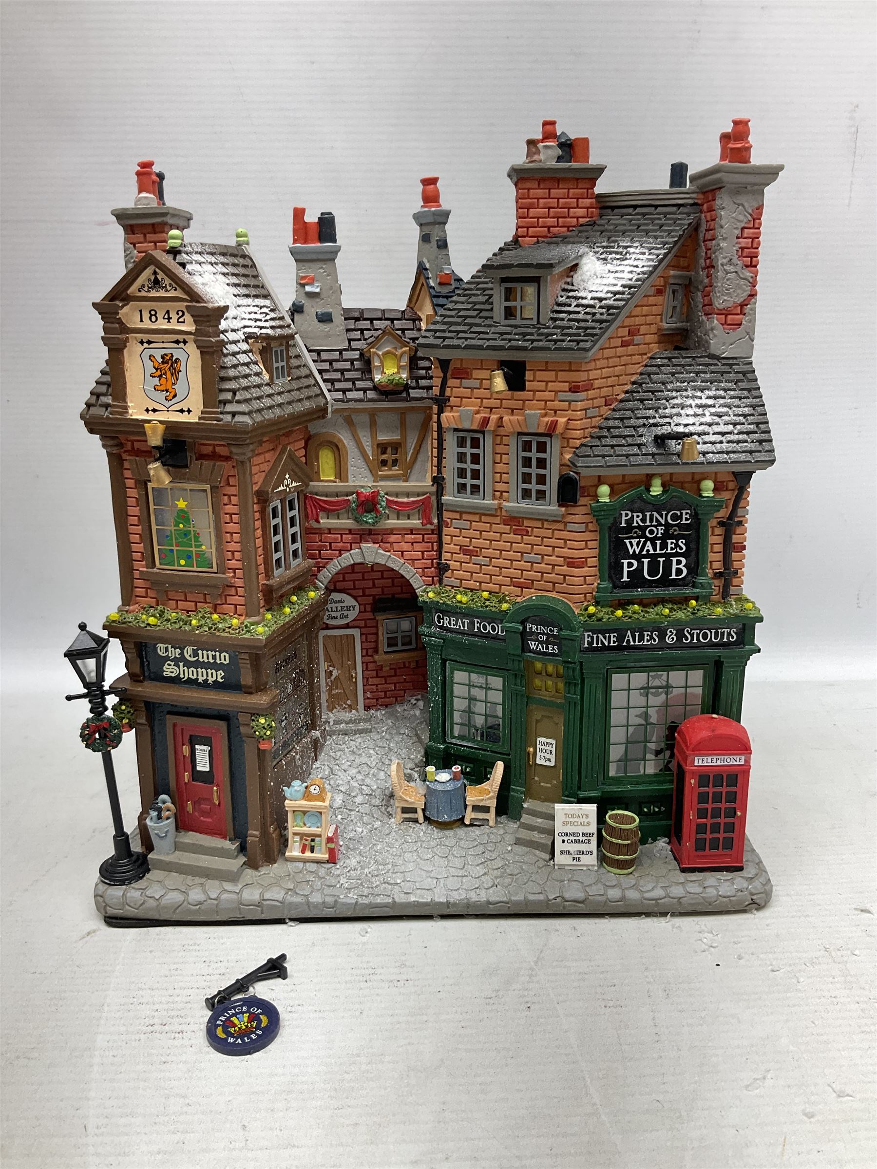 Christmas decorations; Lamax light up English Lane wall hanging, together with Lemax Frolic in the snow, Victorian parkway and other christmas signs and figures