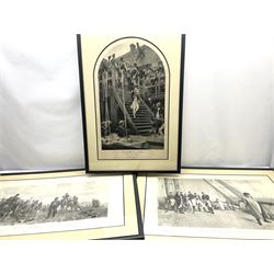 After Sir William Quiller Orchardson (Scottish 1832-1910): 'The Surrender Of Napoleon To Great Britain', monochrome print pub. 1910, 40cm x 61cm; after Elizabeth Southerden Butler (née Thompson) (British 1846-1933): 'Balaclava - The Return 25 October 1854. The Charge of the Six Hundred', monochrome print pub. 19011, 33cm x 63cm; after Andrew Carrick Gow (British 1848-1920): 'Farewell to Nelson', monochrome print 62cm x 38cm