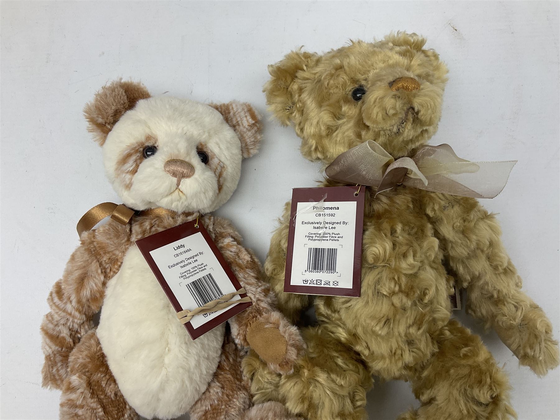 Seven Charlie Bears, comprising limited edition Anniversary Cheesecake SJ5471, designed by Isabelle lee, 431/500, Nuala CB185169, Liddy CB161648A, Philomena CB151592, and AJ CB171784B, each designed by Isabelle Lee, plus Shenanigans CB205243O, and another example lacking tag 