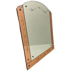 Art Deco style frameless wall mirror, decorated with bevelled floral motifs