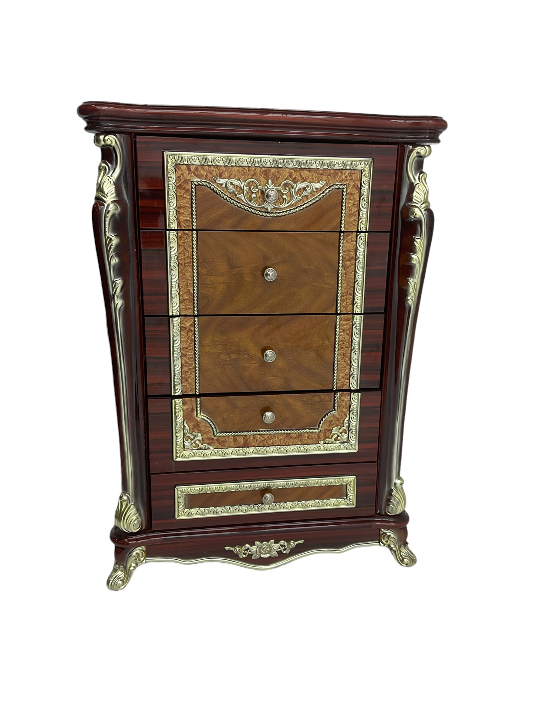 Rococo style wood finish chest, fitted with five drawers, decorated with scrolled foliate and flower heads 